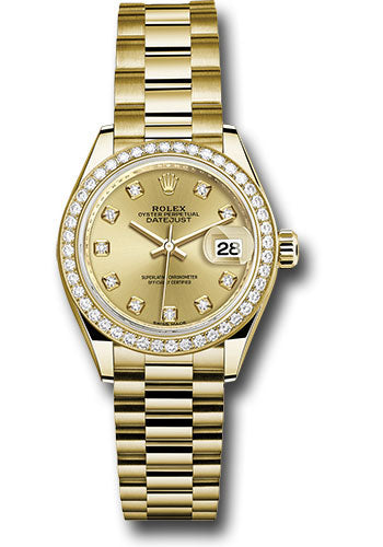*Pre-Owned* Rolex Yellow Gold Lady-Datejust 28 Watch - 44 Diamond Bezel - Champagne Diamond Dial - President Bracelet