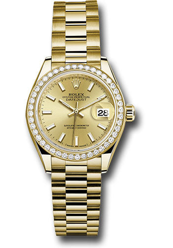 *Pre-Owned* Rolex Yellow Gold Lady-Datejust 28 Watch - 44 Diamond Bezel - Champagne Index Dial - President Bracelet