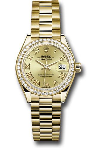 *Pre-Owned* Rolex Yellow Gold Lady-Datejust 28 Watch - 44 Diamond Bezel - Champagne Roman Dial - President Bracelet