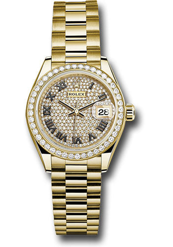 *Pre-Owned* Rolex Yellow Gold Lady-Datejust 28 Watch - 44 Diamond Bezel - Diamond Paved Roman Dial - President Bracelet