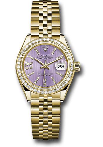 *Pre-Owned* Rolex Yellow Gold Lady-Datejust 28 Watch - 44 Diamond Bezel - Lilac Stripe Diamond Index Dial - Jubilee Bracelet