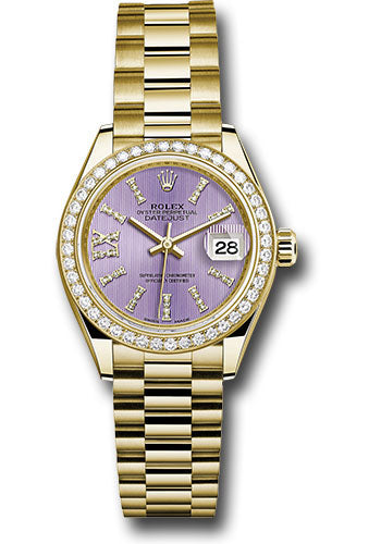 *Pre-Owned* Rolex Yellow Gold Lady-Datejust 28 Watch - 44 Diamond Bezel - Lilac Stripe Diamond Index Dial - President Bracelet