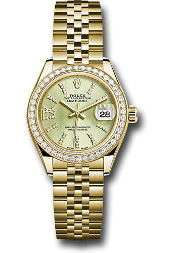 *Pre-Owned* Rolex Yellow Gold Lady-Datejust 28 Watch - 44 Diamond Bezel - Linden Green Strip Diamond Index Dial - Jubilee Bracelet