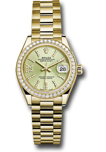 *Pre-Owned* Rolex Yellow Gold Lady-Datejust 28 Watch - 44 Diamond Bezel - Linden Green Strip Diamond Index Dial - President Bracelet