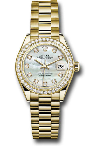 *Pre-Owned* Rolex Yellow Gold Lady-Datejust 28 Watch - 44 Diamond Bezel - Mother-of-Pearl Diamond Dial - President Bracelet