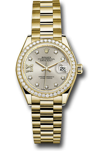 *Pre-Owned* Rolex Yellow Gold Lady-Datejust 28 Watch - 44 Diamond Bezel - Silver Diamond Star Dial - President Bracelet