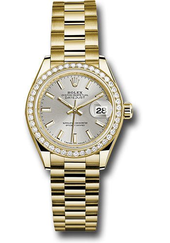 *Pre-Owned* Rolex Yellow Gold Lady-Datejust 28 Watch - 44 Diamond Bezel - Silver Index Dial - President Bracelet