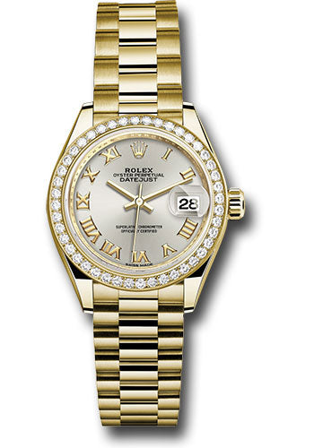 *Pre-Owned* Rolex Yellow Gold Lady-Datejust 28 Watch - 44 Diamond Bezel - Silver Roman Dial - President Bracelet