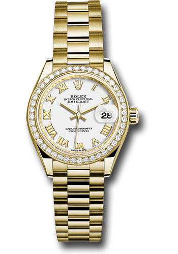 *Pre-Owned* Rolex Yellow Gold Lady-Datejust 28 Watch - 44 Diamond Bezel - White Roman Dial - President Bracelet