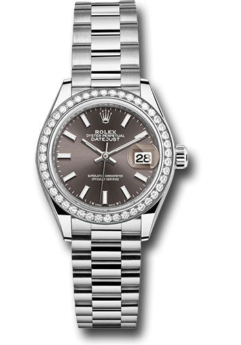 *Pre-Owned* Rolex White Gold Lady-Datejust Watch - 44 Diamond Bezel - Dark Grey Index Dial - President Bracelet