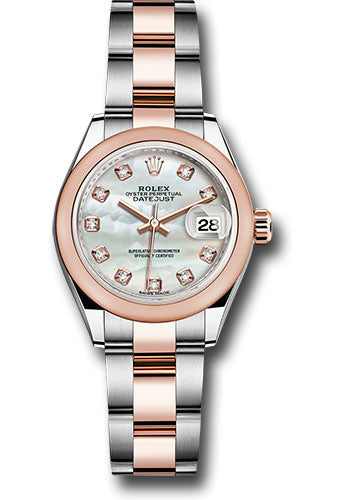 *Pre-Owned* Rolex Steel and Everose Gold Rolesor Lady-Datejust 28 Watch - Domed Bezel - White Mother-Of-Pearl Diamond Dial - Oyster Bracelet
