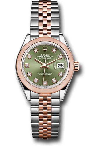 *Pre-Owned* Rolex Steel and Everose Gold Rolesor Lady-Datejust 28 Watch - Domed Bezel - Olive Green Diamond Dial - Jubilee Bracelet