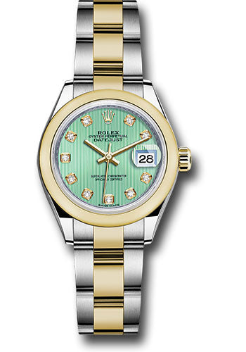 *Pre-Owned* Rolex Steel and Yellow Gold Rolesor Lady-Datejust 28 Watch - Domed Bezel - Mint Green Diamond Dial - Oyster Bracelet