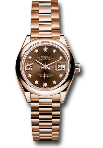*Pre-Owned* Rolex Everose Gold Lady-Datejust 28 Watch - Domed Bezel - Chocolate Diamond Star Dial - President Bracelet