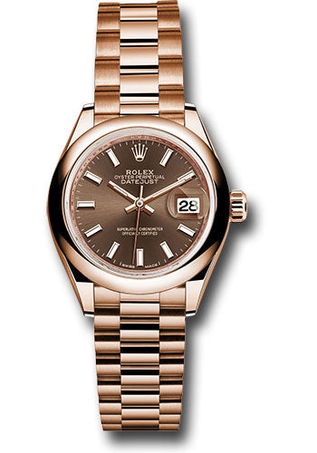 *Pre-Owned* Rolex Everose Gold Lady-Datejust 28 Watch - Domed Bezel - Chocolate Index Dial - President Bracelet