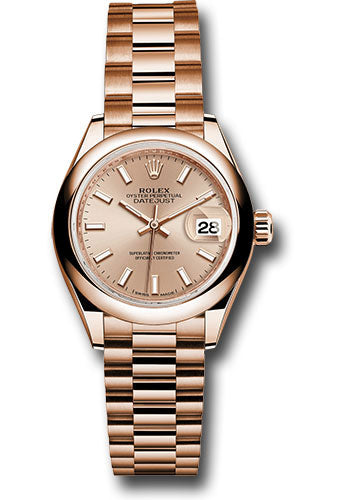 *Pre-Owned* Rolex Everose Gold Lady-Datejust 28 Watch - Domed Bezel - Pink Sundust Index Dial - President Bracelet