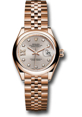 *Pre-Owned* Rolex Everose Gold Lady-Datejust 28 Watch - Domed Bezel - Silver Sundust Diamond Star Dial - Jubilee Bracelet