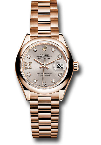 *Pre-Owned* Rolex Everose Gold Lady-Datejust 28 Watch - Domed Bezel - Silver Sundust Diamond Star Dial - President Bracelet