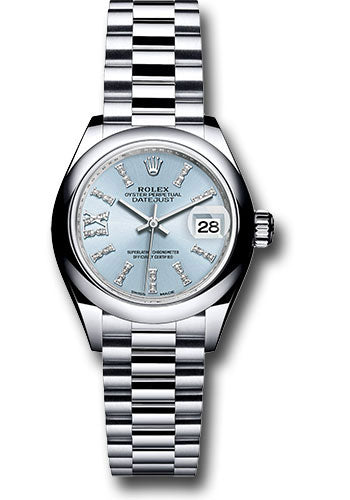 *Pre-Owned* Rolex Platinum Lady-Datejust 28 Watch - Domed Bezel - Ice Blue Diamond Index Dial - President Bracelet