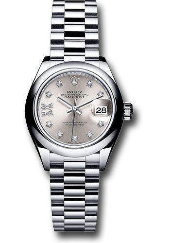 *Pre-Owned* Rolex Platinum Lady-Datejust 28 Watch - Domed Bezel - Silver Diamond Star Dial - President Bracelet