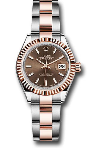 *Pre-Owned* Rolex Steel and Everose Gold Rolesor Lady-Datejust 28 Watch - Fluted Bezel - Chocolate Index Dial - Oyster Bracelet