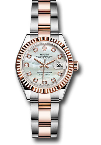 *Pre-Owned* Rolex Steel and Everose Gold Rolesor Lady-Datejust 28 Watch - Fluted Bezel - White Mother-Of-Pearl Diamond Dial - Oyster Bracelet