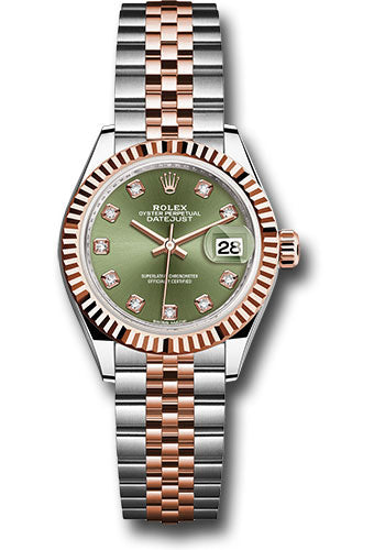 *Pre-Owned* Rolex Steel and Everose Gold Rolesor Lady-Datejust 28 Watch - Fluted Bezel - Olive Green Diamond Dial - Jubilee Bracelet
