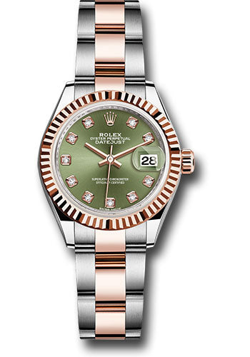 *Pre-Owned* Rolex Steel and Everose Gold Rolesor Lady-Datejust 28 Watch - Fluted Bezel - Olive Green Diamond Dial - Oyster Bracelet