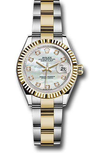 *Pre-Owned* Rolex Steel and Yellow Gold Rolesor Lady-Datejust 28 Watch - Fluted Bezel - White Mother-Of-Pearl Diamond Dial - Oyster Bracelet