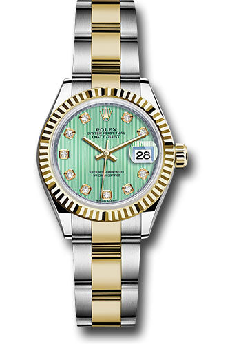 *Pre-Owned* Rolex Steel and Yellow Gold Rolesor Lady-Datejust 28 Watch - Fluted Bezel - Mint Green Diamond Dial - Oyster Bracelet
