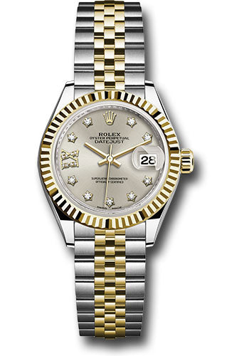 *Pre-Owned* Rolex Steel and Yellow Gold Rolesor Lady-Datejust 28 Watch - Fluted Bezel - Silver Diamond Star Dial - Jubilee Bracelet
