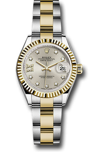 *Pre-Owned* Rolex Steel and Yellow Gold Rolesor Lady-Datejust 28 Watch - Fluted Bezel - Silver Diamond Star Dial - Oyster Bracelet