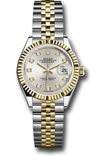 *Pre-Owned* Rolex Steel and Yellow Gold Rolesor Lady-Datejust 28 Watch - Fluted Bezel - Silver Diamond Dial - Jubilee Bracelet