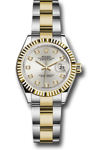 *Pre-Owned* Rolex Steel and Yellow Gold Rolesor Lady-Datejust 28 Watch - Fluted Bezel - Silver Diamond Dial - Oyster Bracelet