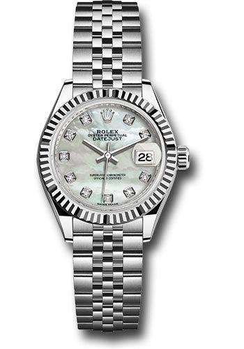*Pre-Owned* Rolex Steel and White Gold Rolesor Lady-Datejust 28 Watch - Fluted Bezel - White Mother-Of-Pearl Diamond Dial - Jubilee Bracelet