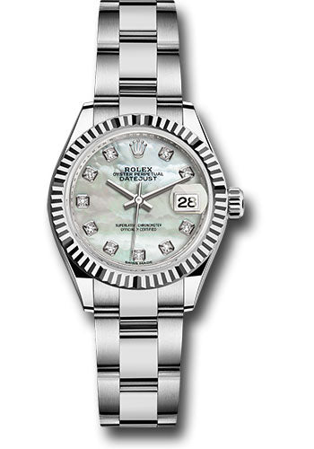 *Pre-Owned* Rolex Steel and White Gold Rolesor Lady-Datejust 28 Watch - Fluted Bezel - White Mother-Of-Pearl Diamond Dial - Oyster Bracelet