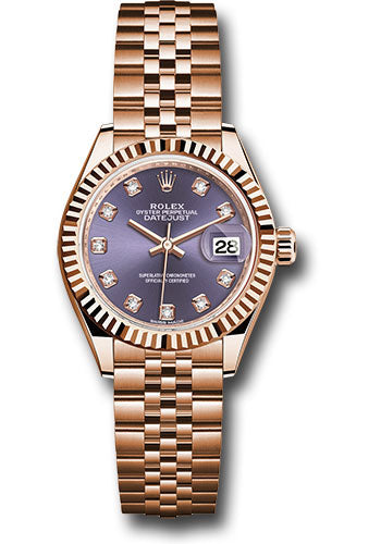 *Pre-Owned* Rolex Everose Gold Lady-Datejust 28 Watch - Fluted Bezel - Aubergine Diamond Dial - Jubilee Bracelet