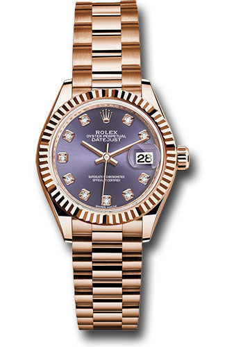 *Pre-Owned* Rolex Everose Gold Lady-Datejust 28 Watch - Fluted Bezel - Aubergine Diamond Dial - President Bracelet