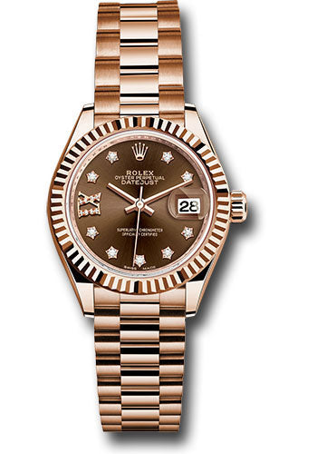 *Pre-Owned* Rolex Everose Gold Lady-Datejust 28 Watch - Fluted Bezel - Chocolate Diamond Star Dial - President Bracelet