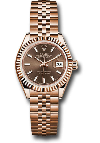 *Pre-Owned* Rolex Everose Gold Lady-Datejust 28 Watch - Fluted Bezel - Chocolate Index Dial - Jubilee Bracelet