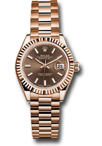 *Pre-Owned* Rolex Everose Gold Lady-Datejust 28 Watch - Fluted Bezel - Chocolate Index Dial - President Bracelet