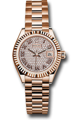 *Pre-Owned* Rolex Everose Gold Lady-Datejust Watch - Fluted Bezel - Diamond-Paved Diamond Roman Dial - President Bracelet