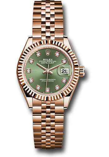 *Pre-Owned* Rolex Everose Gold Lady-Datejust 28 Watch - Fluted Bezel - Olive Green Diamond Dial - Jubilee Bracelet