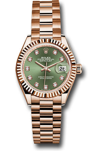 *Pre-Owned* Rolex Everose Gold Lady-Datejust 28 Watch - Fluted Bezel - Olive Green Diamond Dial - President Bracelet