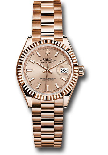 *Pre-Owned* Rolex Everose Gold Lady-Datejust 28 Watch - Fluted Bezel - Pink Sundust Index Dial - President Bracelet