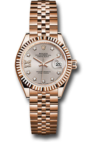 *Pre-Owned* Rolex Everose Gold Lady-Datejust 28 Watch - Fluted Bezel - Silver Sundust Diamond Star Dial - Jubilee Bracelet