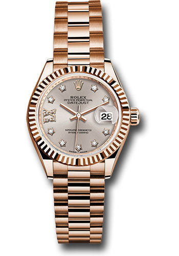 *Pre-Owned* Rolex Everose Gold Lady-Datejust 28 Watch - Fluted Bezel - Silver Sundust Diamond Star Dial - President Bracelet