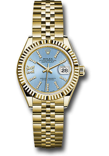 *Pre-Owned* Rolex Yellow Gold Lady-Datejust 28 Watch - Fluted Bezel - Cornflower Blue Stripe Diamond Index Dial - Jubilee Bracelet