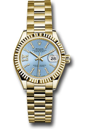 *Pre-Owned* Rolex Yellow Gold Lady-Datejust 28 Watch - Fluted Bezel - Cornflower Blue Stripe Diamond Index Dial - President Bracelet
