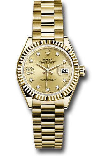 *Pre-Owned* Rolex Yellow Gold Lady-Datejust 28 Watch - Fluted Bezel - Champagne Diamond Star Dial - President Bracelet
